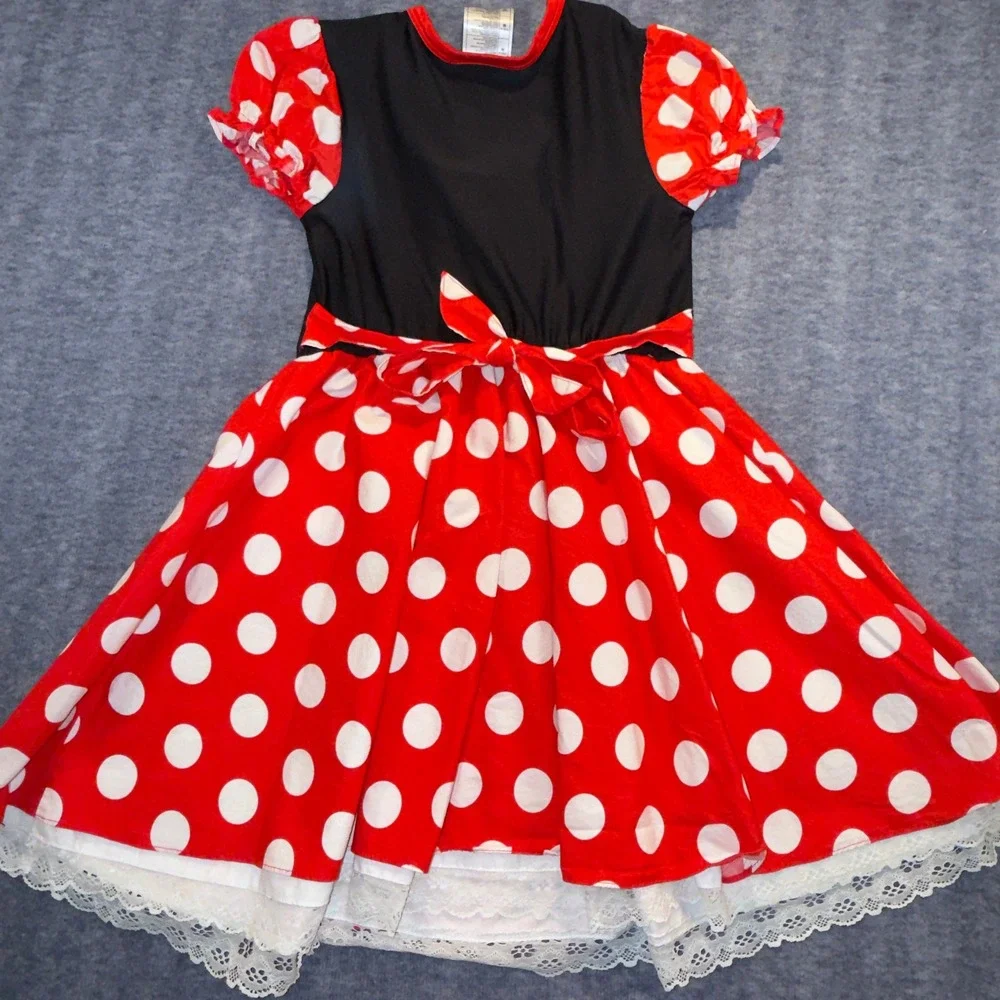 Disney Parks Minnie Mouse Dress Costume Girls Medium Red Polka Dot Lace Trim